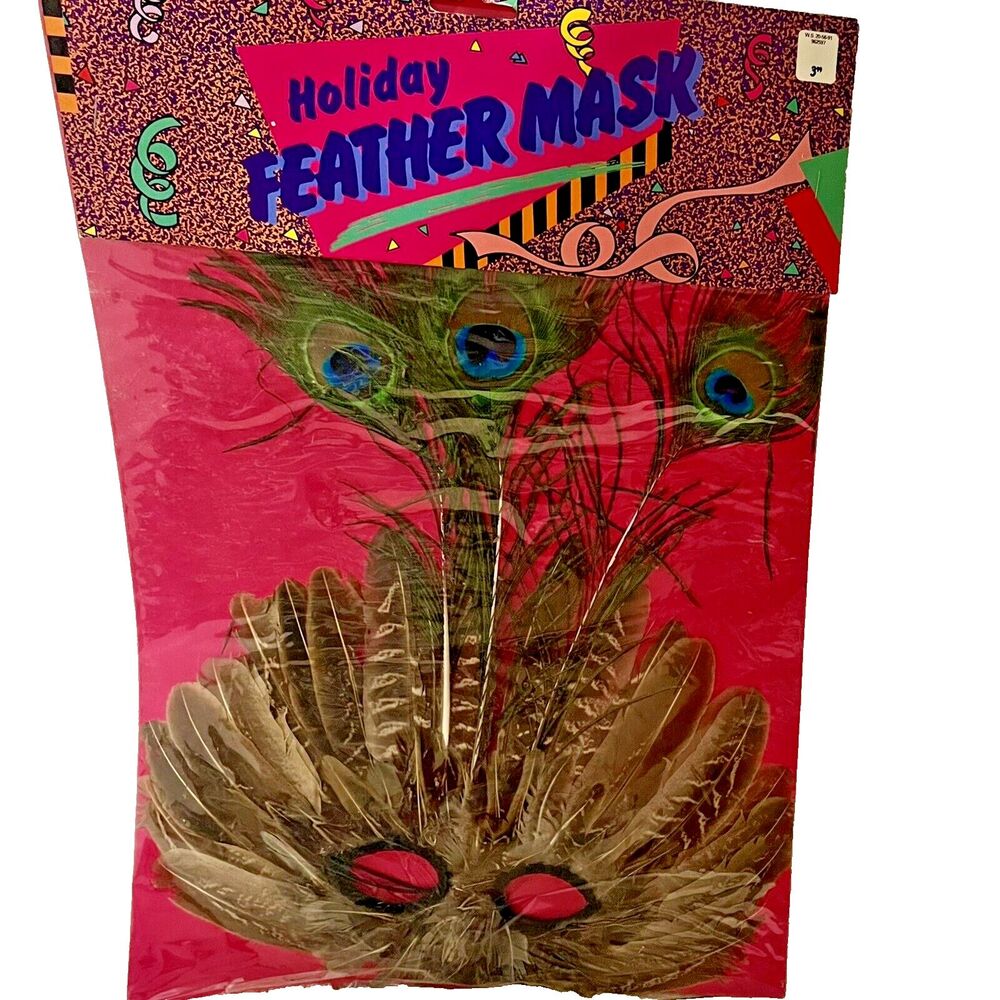 Peacock Feather Mask Vintage 1989, Halloween Costume Mardi Gras Play Masquerade